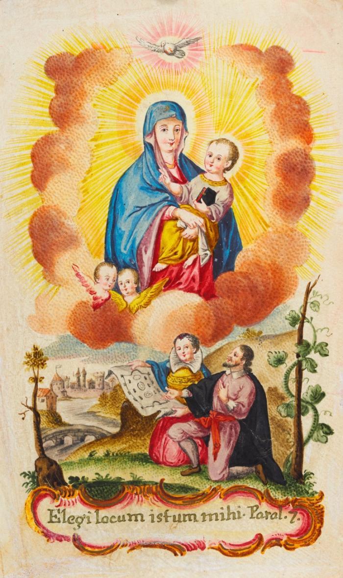 Andachtsgraphik. - Hl. Muttergottes mit Kind. Elegi locum istum mihi, Schwebende Madonna mit Kind, 2 Putten und Taube des Hl. Geistes über Stifterpaar / Bauherren mit Grundrissplan einer Kirche, im Hintergrund Stadtansicht mit Fluss und Brücke sowie Weinstock.