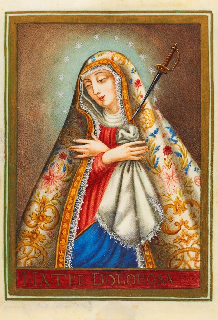 Andachtsgraphik. - Die schmerzensreiche Muttergottes. Mater dolorosa, mit Schwert in der Brust und Tuch, in reich mit floralen (Lilien, Nelken) sowie ornamentalen Elementen geschmücktem Mantel.