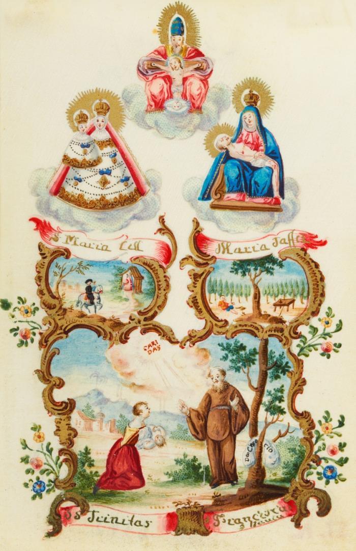 Andachtsgraphik. - Maria Zell / Maria Taferl. Maria Zell Maria Taffel SS Trinitas Franciscus, Wallfahrtsmadonna, Gnadenbild und Heilige Dreifaltigkeit schwebend über Szene mit dem Hl. Franziskus, dem ein krankes Kind dargebracht wird, außerdem Wahlfahrtsszene und Heilungsszene, jeweils mit landschaftlichem Hintergrund in Kartuschen, mit Akanthus und weiterem floralem Dekor.