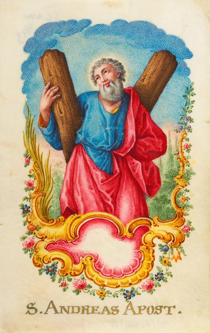 Andachtsgraphik. - Hl. Andreas. S. Andreas Apost., mit Andreaskreuz, landschaftlichem Hintergrund, darunter Muschelwerkkartusche und floraler Dekor.