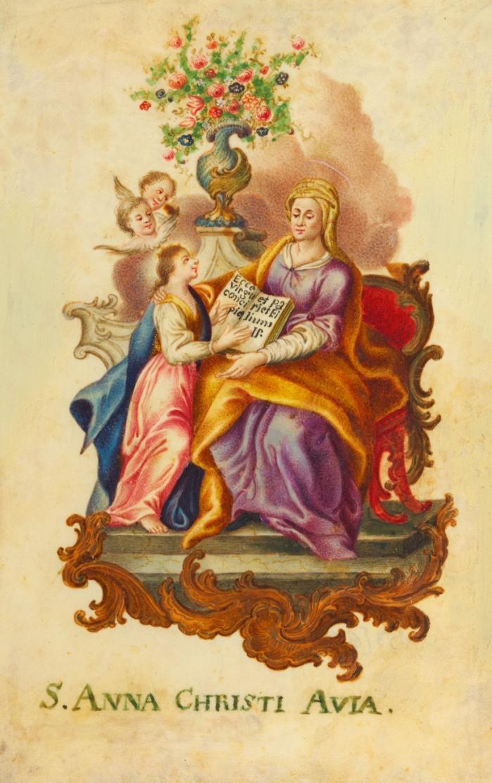Andachtsgraphik. - Heilige Anna. S. Anna Christi Avia, dargestellt auf einem von Akantus- und Muschelornamenten umgebenen Thron mit Maria, ein Buch mit der Inschrift ecce virgo concipiet et pariet filium haltend, darüber Putten und Vase mit Rosen.