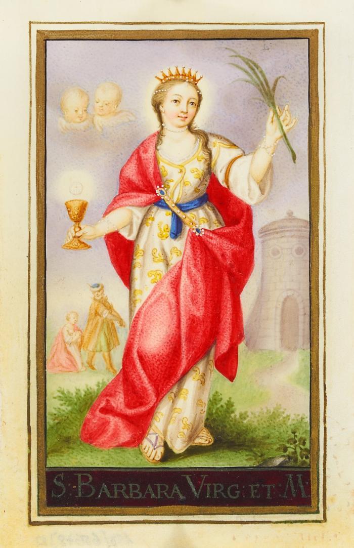 Andachtsgraphik. - Hl. Barbara. S. Barbara Virg. et M., mit Märtyrerpalme und Kelch mit Hostie, Im Hintergrund Turm und Szene mit dem sich abwendenden Vater; darüber schwebende Putten.