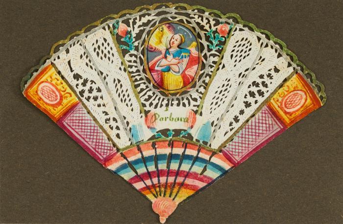 Andachtsgraphik. - Hl. Barbara. Barbara, mit Palmenzweig in Medaillon mit Christus-Erscheinung, umgeben von floralen Zierelementen.