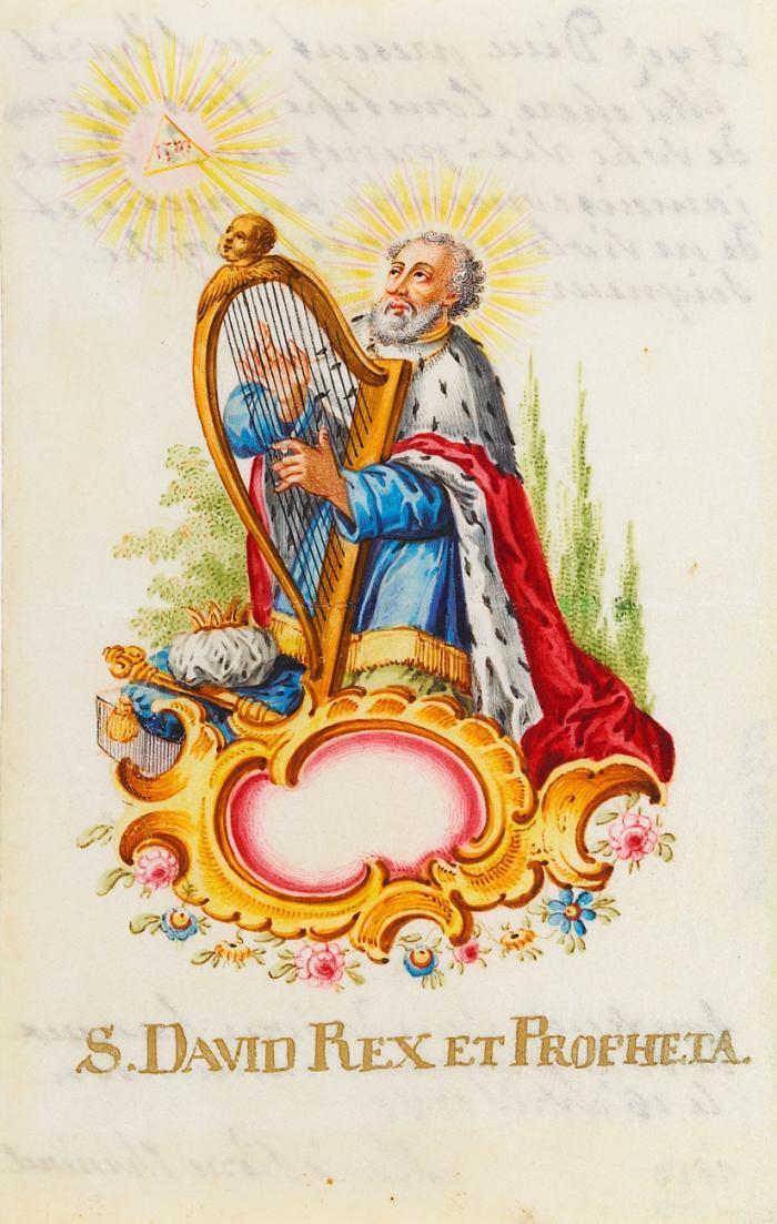 Andachtsgraphik. - König David. S. David Rex et Propheta, König David, in Hermelinmantel, Harfe spielend, Krone und Zepter vor ihm liegend, darüber das Auge Gottes, unten mit Muschelwerkkartusche und floralem Dekor.