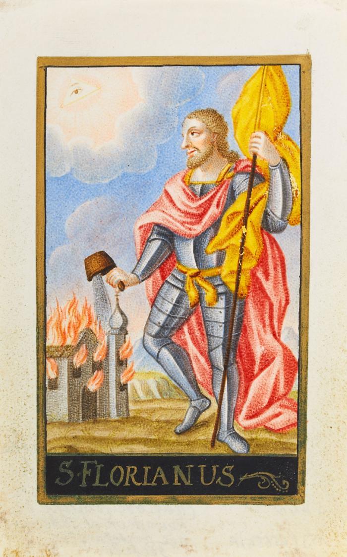 Andachtsgraphik. St. Florian. S. Florianus, in Legionärsrüstung, mit Eimer in der rechten, eine brennende Kirche löschend, darüber das Auge Gottes.