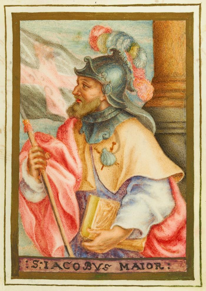 Hl. Jacobus. S. Jacobus Maior, mit Ritterhelm, Fahne und Buch, Jakobsmuschel am Revers, daneben eine Säule.