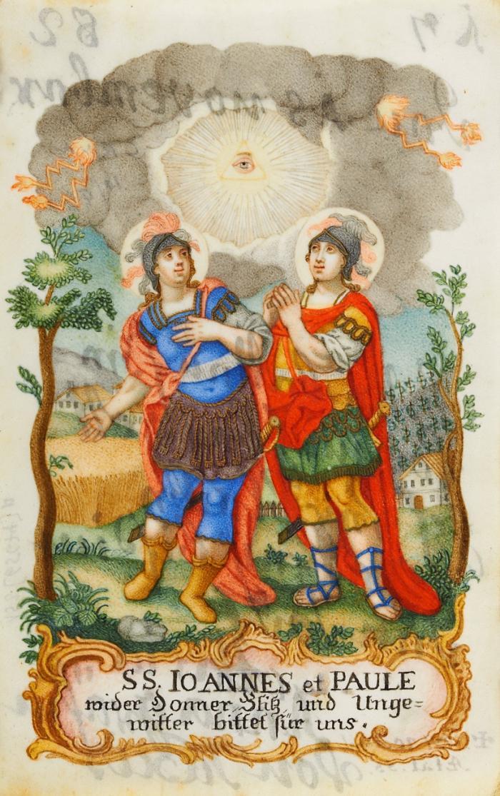 Andachtsgraphik. - Hl. Johannes u. Paul. SS. Ioannes et Paule wider Donner, Blitz, und Ungewitter bittet für uns, als Wetterheilige und römische Palastbedienstete in Rüstung, mit Mantel, Helm und Schwertern, innerhalb einer Landschaft, mit Gewitterwolke, darin mittig das Auge Gottes, unten mit Akanthuskartusche.