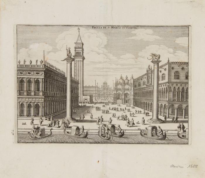 Venedig. Piazza de S. Marco in Venetia / L'Alta Parte della Piazza di S. Marco in Venetia (Markusplatz in Venedig, 2 verschiedene Ansichten).