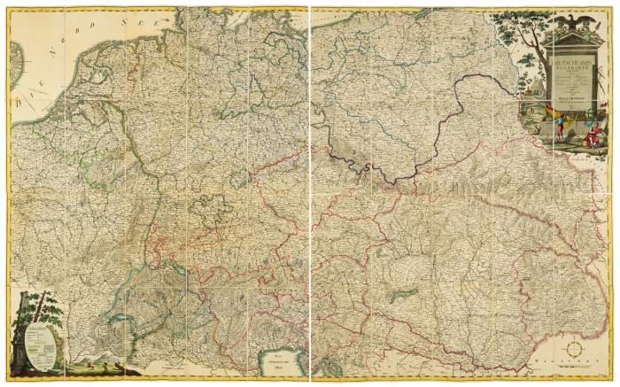 Deutschland. Postroutenkarte - Deutschlands Postkarte, begraenzt von Oesterreich, Preussen, Frankreich, Holland, Italien und der Schweiz. 1800, mit allegorischer Kartusche, figürlicher Legende und Windrose.