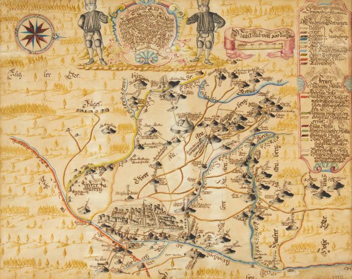 Bergbau. - Erzgebirge. Johanngeorgenstadt. Grund Riß über die Johann Georgen Städtische Berg Stadts Revier ... Plan der Stadt mit den umliegenden Stollen, ausführlicher Legende, Windrose und ornamentaler Kartusche, flankiert von 2 Bergleuten.