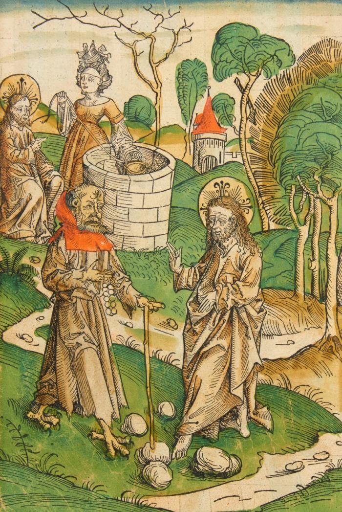 Inkunabelholzschnitt. – Versuchung Christi in der Wüste / Christus und die Samariterin am Brunnen.