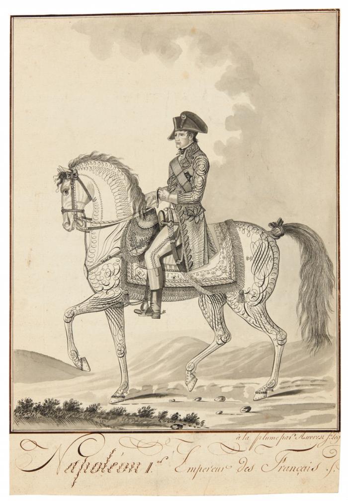 Napoléon Bonaparte. - Napoleon Ier Empereur des Français. - Porträt zu Pferde mit landschaftlichem Hintergrund.