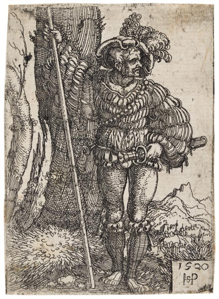 Ein Landsknecht, neben einem Baum stehend.