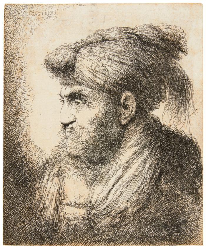 Porträt eines Mannes mit Bart und Schnurrbart, mit Turban im Profil nach links.