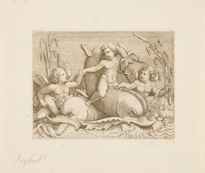 Drei Putti, die auf Seeungeheuern reiten.