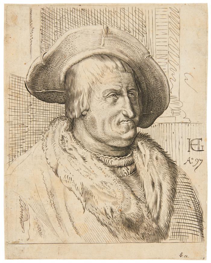Fantasie-Porträt eines alten Mannes mit Hut,  1597 / Fantasie-Porträt eines alten Mannes mit Hut im Profil, um 1597.