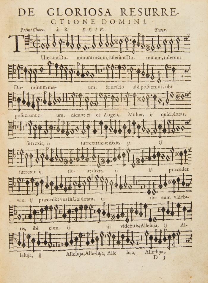 (Opus musicum) - [1.] Cantiones sacrae de festis praecipuis totius anni V. VI., VII. IIX. X. XII. vocum ... denuo ab ipso autore correctus, Motectis aliquot auctus ... et Basso Continuo exornatus. 1623.  / [2.]  Canticum B. Mariae Virginis, seu Magnificat octo vocum ... 1623. / [3.] Liber Missarum ... V. VI. IIX. vocum ... 1624. / [4.] Cantiones variae V. VI. VII. IIX. X. XII. XVI. XX. vocum ... 1623. - Stimmbücher T, B, V u. VIII (v. 9 Stimmen, ohne C, A, VI, VII, bc ) mit je 4 Tlen. pro Bd. In 4 Bden.