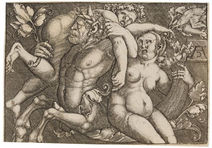 Ein Triton mit einem Weibe auf den Rücken und einer Bacchantin über der Schulter.