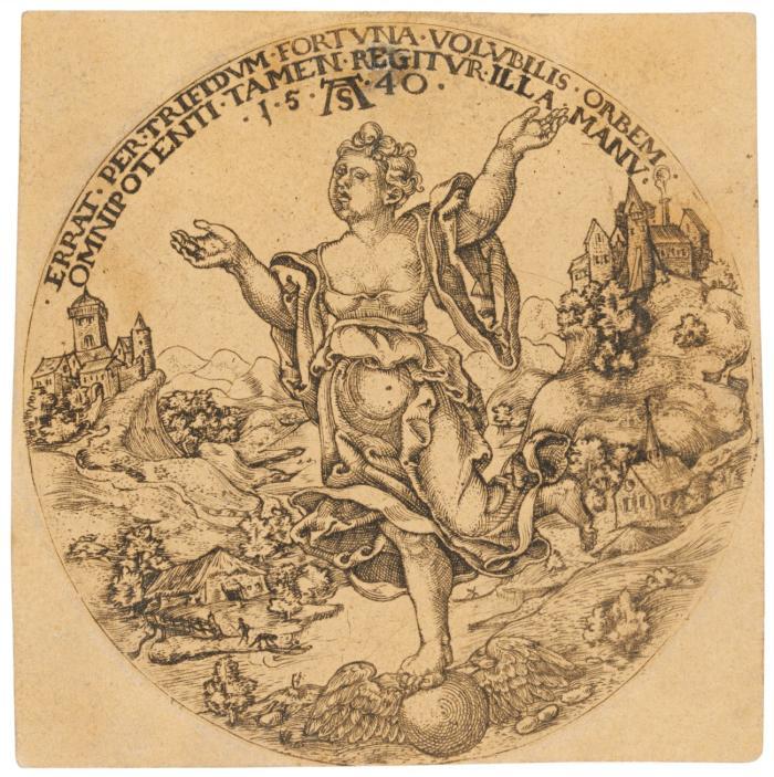 Fortuna, mit dem Fuß auf der Erdkugel.