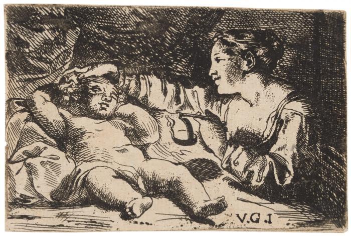 Liegendes nacktes Kind, dem eine Frau die Hand auf das Haupt legt (Amir und Psyche?).