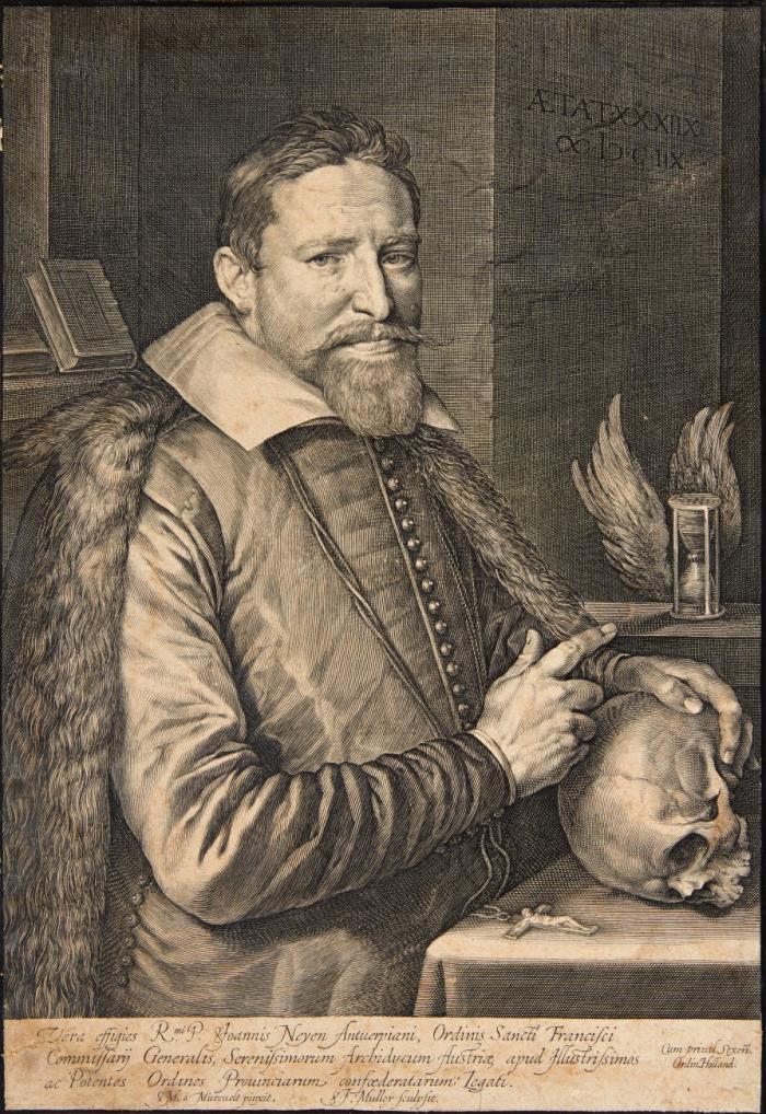 Bildnis des Joannis Neyen, Ordensgeneral der Franziskaner, mit Totenschädel und Stundenglas.