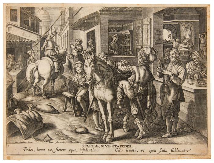 Nova Reperta (Titel / America / Lapis Polaris, Magnes / Ser, Sive, Sericis Vermis / Staphae, sive Stapedes / Oleum Olivarum / Orbis Longitudinis Repertae è Magnetis à Polo Declinatione).