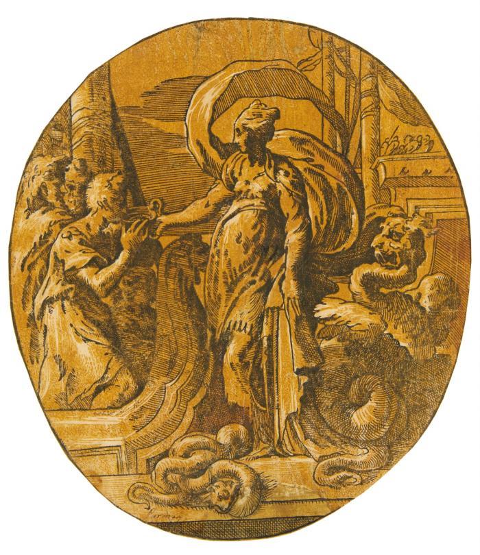 Circe reicht den Gefährten des Odysseus einen Zaubertrank (Darstellung im Oval).