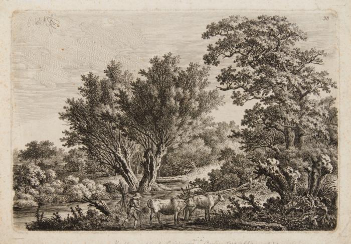 Weidenbuschlandschaft, vorne ein Hirte mit Reisigbündel und zwei Rindern.