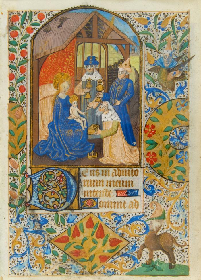 Anbetung der Könige. Einzelblatt mit Miniatur aus lateinischen Stundenbuch. Handschrift auf Pergament.