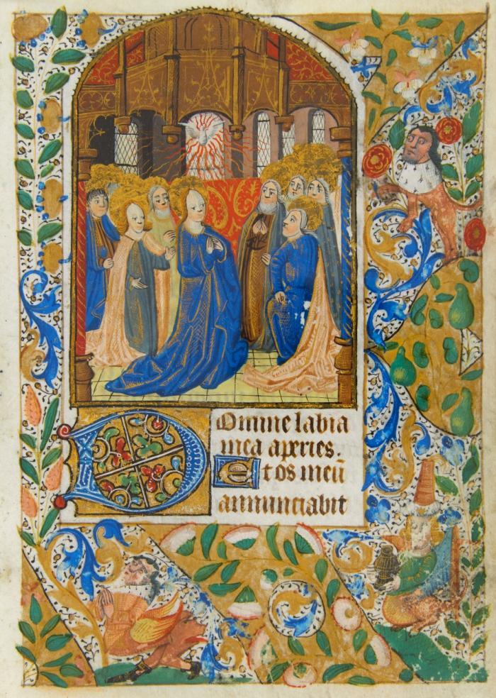 Pfingsten. Einzelblatt mit Miniatur aus lateinischen Stundenbuch. Handschrift auf Pergament.