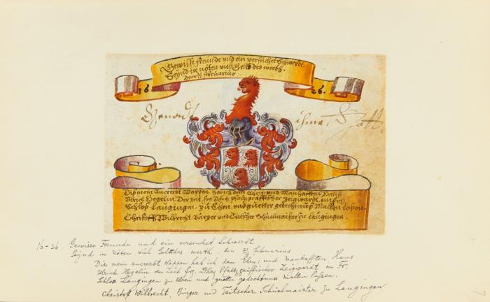 Libri amicorum. 3 Bände mit Fragmenten von Stammbüchern des 16. und 17. Jahrhunderts. 
anonym, 1585 (11 Bll., aus Druck), Max. Kurtz v. Senftleben, 1610 (21 Bll.), Hegelin, 1623 (12 Bll.).