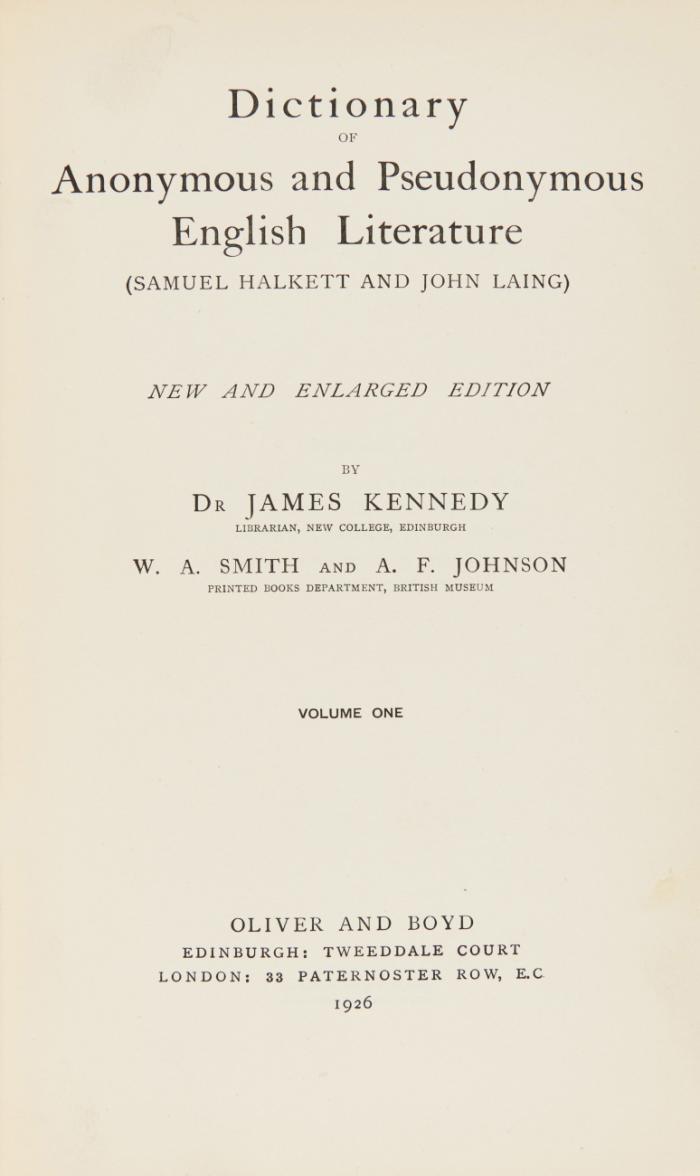 Dictionary of Anonymous and Pseudonymous English Literature. New and enlarged edition. 7 Bde. und 2 Supplement-Bände in 9 Bdn. 9 Bde.