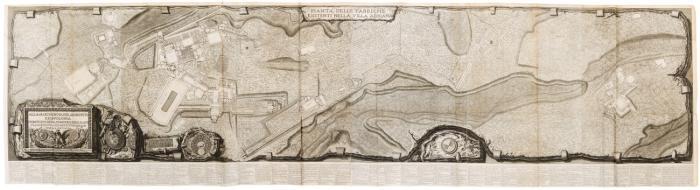 Pianta delle Fabriche esistenti nella Villa Adriana (Plan der bestehenden Gebäude der Villa Hadriana). Großformatiger Plan der Hadriansvilla mit Titel- und großer Widmungskartusche sowie ausführlicher Legende.