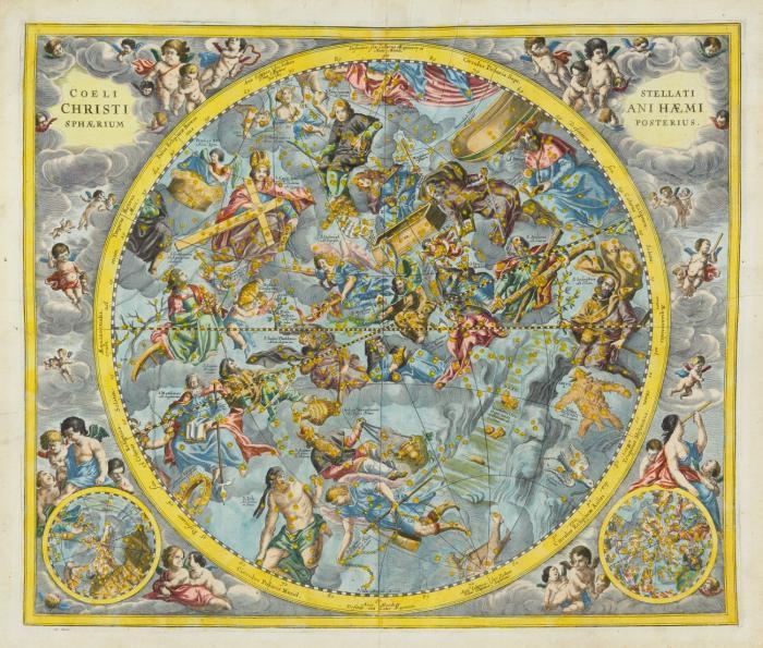 Himmelskarte. - Coeli Stellati Christiani Hæmisphærium Posterius, Himmelskarte der südlichen Hemisphäre mit den christianisierten Sternbildern und Bezeichnungen, dabei u.a. Hl. Katharina, Paulus, Maria Magdalena, Anna & Joachim, Hiob und Noahs Taube, umgeben von Wolken und Engeln.