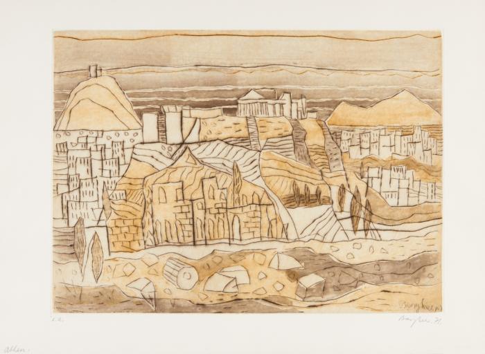 Hellas. Delphi / Mykenä / Epidaurus/ Vor Athen/ Athen / Akropolis / Parnaß / Golf von Itea / Griechische Inselwelt / und ein Essay von Rudolf Hagelstange. Sechs Farbradierungen und drei Kaltnadelradierungen.