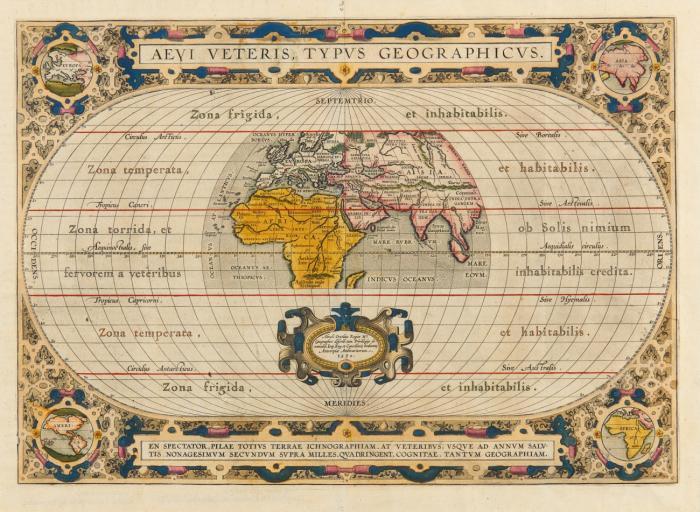 Weltkarte. – Aevi Veteris Typuis Geographicus, die Alte Welt mit Afrika, Europa und Asien im Oval, mit ornamentaler Randbordüre, in den Ecken vier kleine Kontinentalkarten.