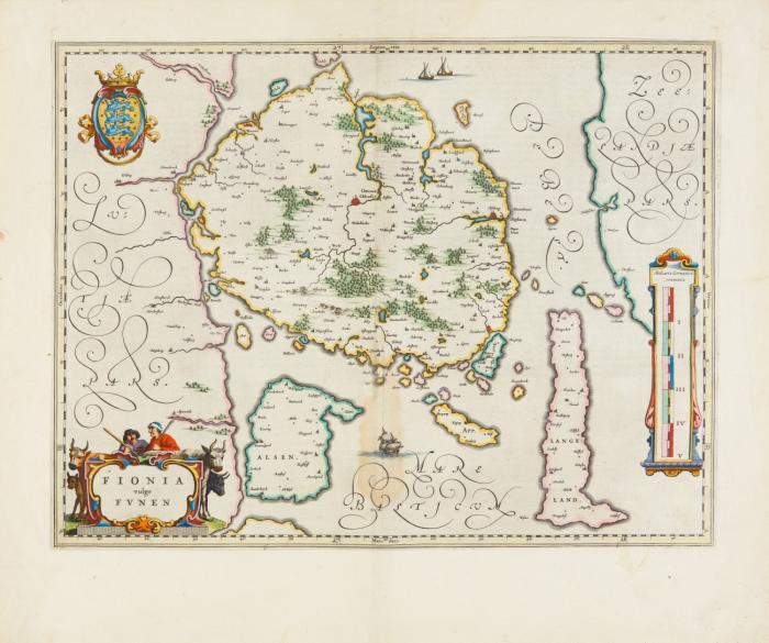 Fünen. Fiona vulgo Funen, mit der Westküste Jütlands, Als, Ærø, Tåsinge und Langeland.