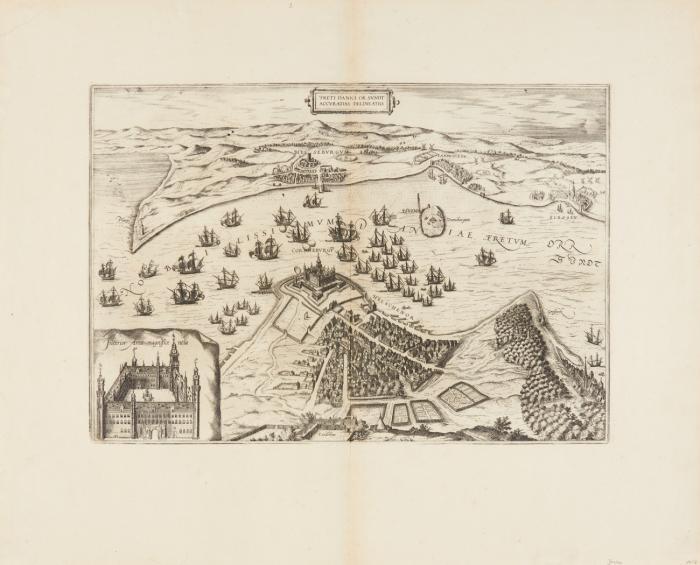 Helsingør. Freti Danici Or Sundt Accuratiss Delinatio, der Öresund mit Hesingør, Helsingborg und Landskrona; mit kleiner Ansicht Schloss Kronborg.