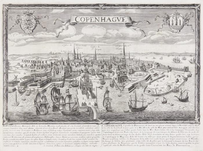 Kopenhagen. Copenhague. Hafinia Daniae Metropolis ..., Gesamtansicht mit Schiffstaffage, zwei Wappen und ausführlicher Legende.