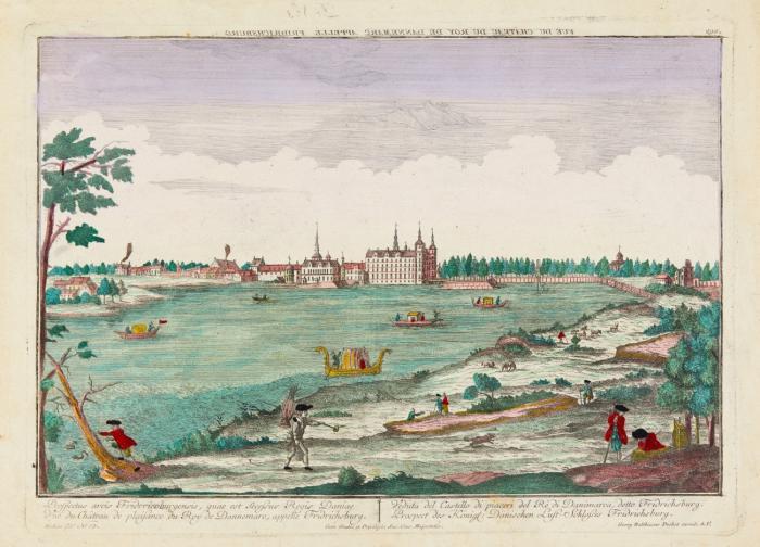 Dänische Schlösser. 4 Guckkastenbilder. Kolorierte Radierungen des 18. Jahrhunderts, bei Georg Balthasar Probst, Augsburg.

1.) Schloss Frederiksborg (Hillerød). 