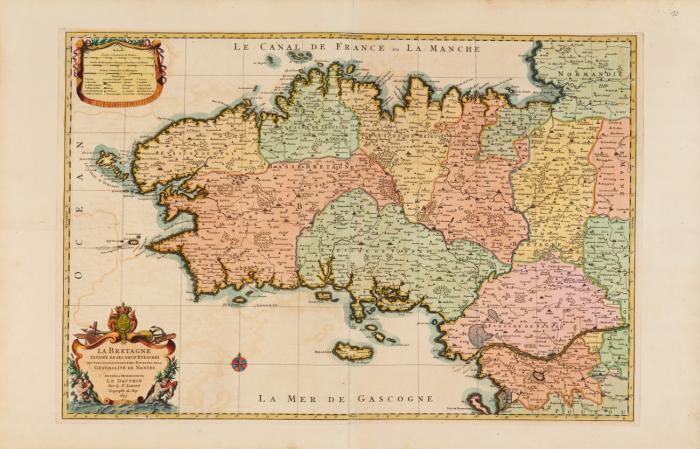 Bretagne. - La Bretagne divisée en ses neuf eveschés qui font aussi l'estendue des receptes de la Generalité de Nantes, mit Legende und figürlicher Kartusche.