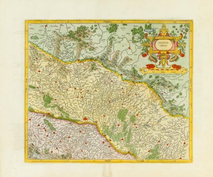 Elsass. - Alsatia  inferior, Nördliches Elsaß mit dem Oberrhein und Straßburg im Zentrum sowie ornamentaler Kartusche.