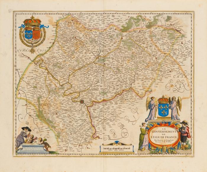 Île de France. Le gouvernement de l'Isle de France, mit Paris als zentralem Ort, ornamentaler Kartusche, Wappen, Meilenanzeiger und allegorischen Figurendarstellungen.