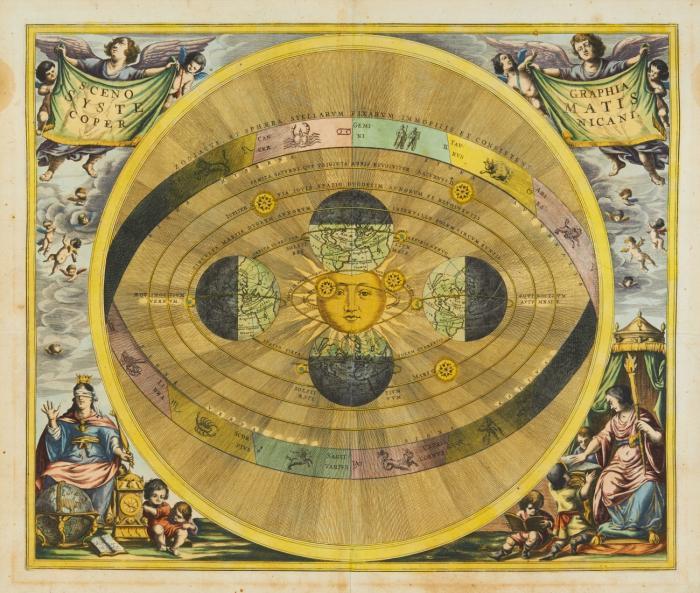 Himmelskarte. - Scenographia Systematis Copernicani, Darstellung des heliozentrischen Planetensystems nach Nikolaus Kopernikus: In der Mitte die Sonne, umgeben von 4 Erdkugeln und den Planetenbahnen, außen ein Ring mit den Symbolen der Tierkreiszeichen sowie reicher allegorischer und figürlicher Staffage.
