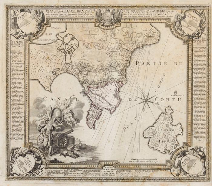 Griechenland. - Korfu. Plan de la place de Corfu avec ses environs assiegee, mit dem Hafen von Korfu im Zentrum, mit prachtvoller Vignette und Randbordüren.