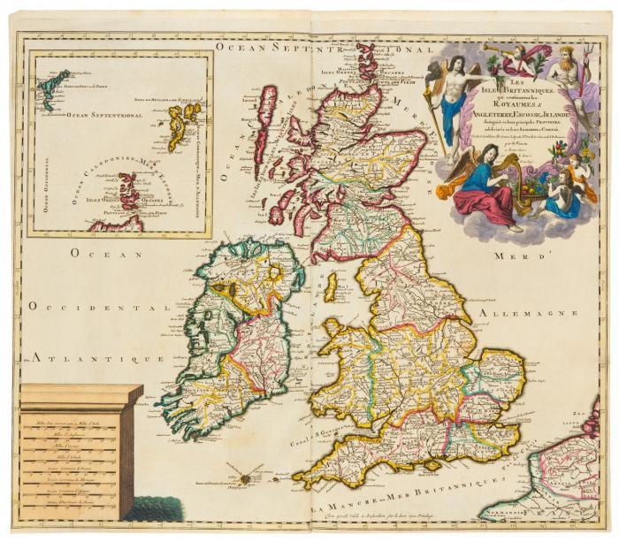 Britische Inseln. – 3 kolorierte Kupferstichkarten und 1 Ansicht.
1.) Insularum Britannicarum Acurata Delineatio. Von J. Janssonius nach A. Ortelius und P. Kaerius, deutsche Ausgabe, 1644-58. Plattengröße 40 x 51,5 cm, Blattgröße 49 x 59,5 cm.
2.) Les Isles Britanniques, qui contient le Royaumes d'Angleterre, Escosse et Irlande ... Von G. Valck. Plattengröße 50 x 58,5 cm.
3.) Schottland. Scotia Regnum. Von F. de Wit. Plattengröße 57,5 x 51,5 cm.
4.) London. A Perspective View of the Parade in St. James's Park. Kolorierter Kupferstich von J. Maurer, bei John Bowles, 1752.
