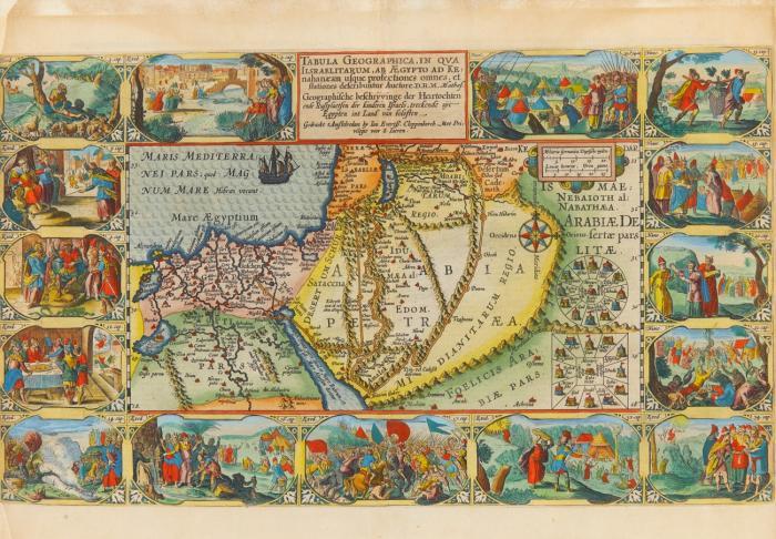 Heiliges Land. – Tabula Geographica, in qua Israelitarum, ab Aegypto ad Kenahanaeam, das Heilige Land, umgeben von Vignetten mit biblischen Szenen.