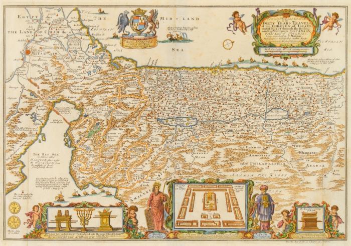Heiliges Land.  - Israels Peregrination or the forty years travels of the children of Israel out of Egypt through the Red Sea, Palästina beiderseits des Jordans und Ägypten, Exodus-Route von Ramases bis Jericho, mit Darstellungen der Tempelausstattung, Plan des Zeltlagers in der Wüste, flankiert von Mose und Aaron.