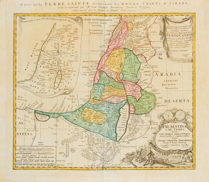 Heiliges Land. Carte de la Terre Sainte divesée selon les douze tribus d´Israel, mit Teilkarte von Palästina, figürlich-ornamentaler Kartusche und Meilenanzeiger.