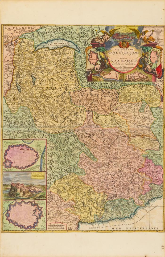 Savoyen und Piemont. - Les États de Savoye et de Piémont, mit figürlicher Kartusche mit Ansicht und Festungsplänen sowie 2 Inset-Stadtplänen von Verceil und Turin und einer Ansicht von Verrve.